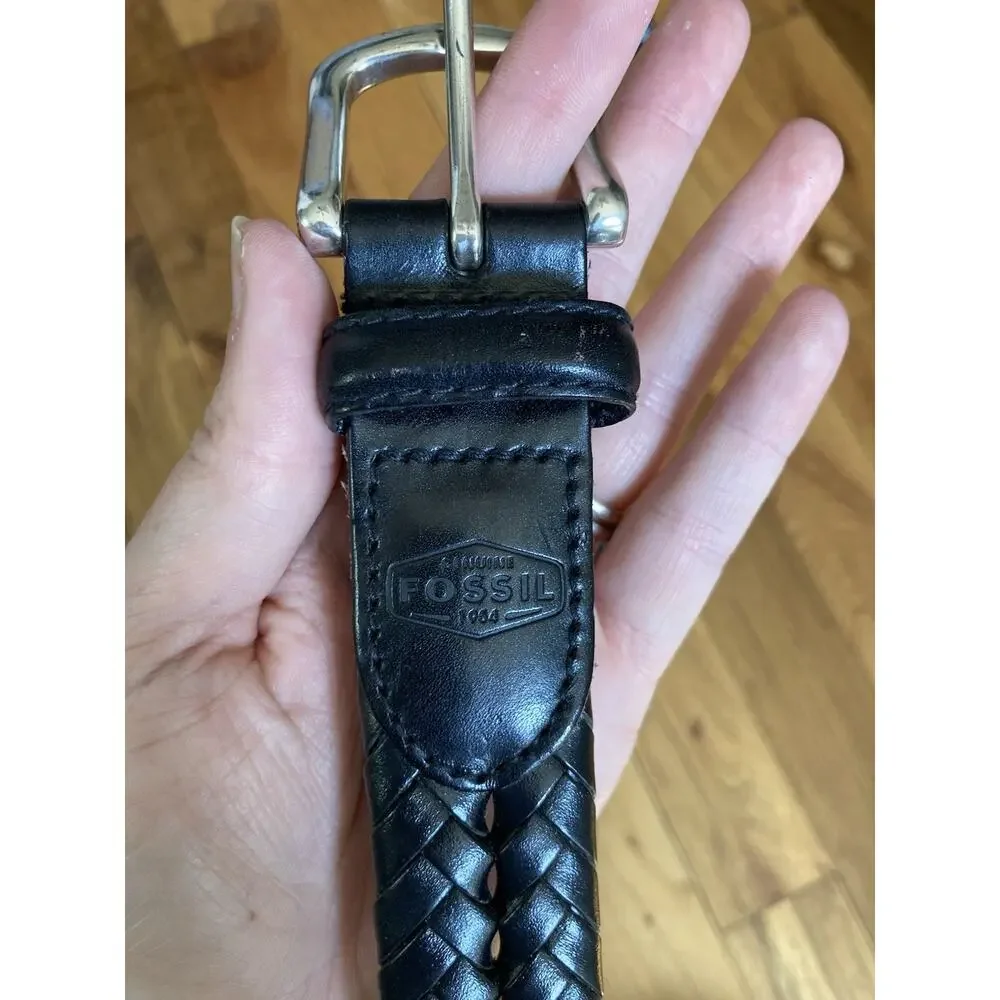 FOSSIL Black Woven Braided Genuine Leather Belt Buckle Men's Sz 38 Silver Buckle